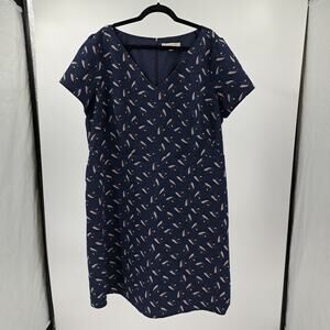 LOFT Fit & Flare Dress Plus 22 Feather Leaf Print V-Neck Short Sleeve Navy‎ Blue